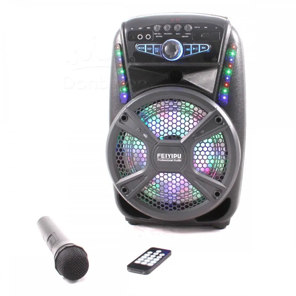 Active Bluetooth karaoke speaker with LED lights, wireless microphone and remote, 8" Feiyipu ES-81 Aventra Store