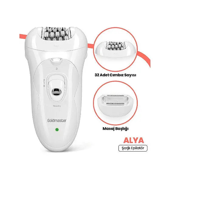 Epilator Alya, GoldMaster, LED light, Massaging head for pain relief, 32 pcs tweezers, White Aventra Store