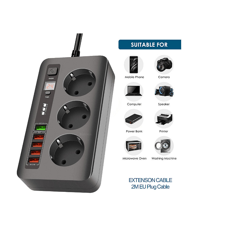 Разклонител модел BKL 04EU, 3 гнезда и 5 USB порта, FastCharge, с ключ, 2500W, 10A Aventra Store