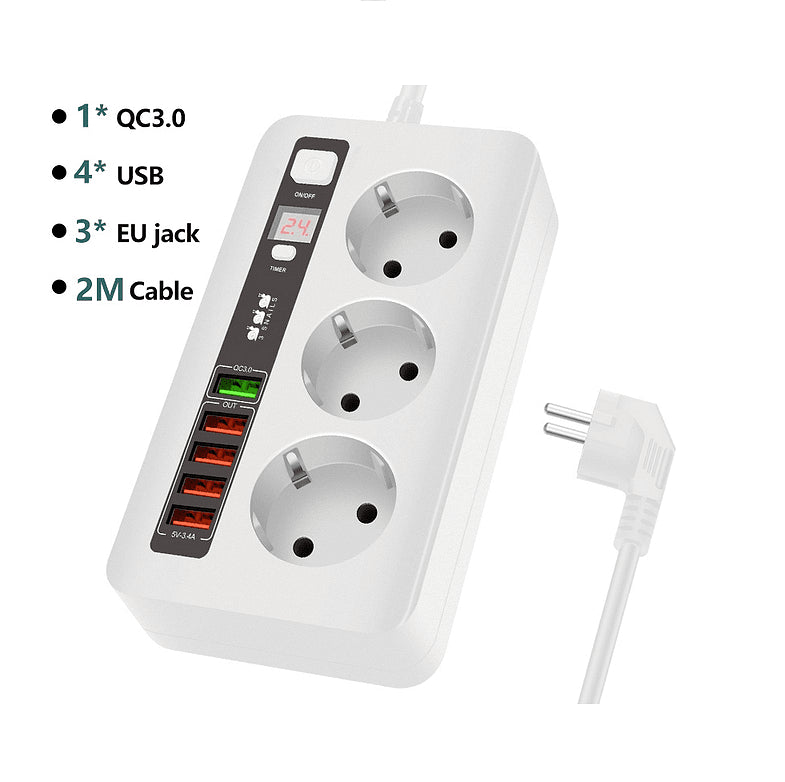 Разклонител модел BKL 04EU, 3 гнезда и 5 USB порта, FastCharge, с ключ, 2500W, 10A Aventra Store