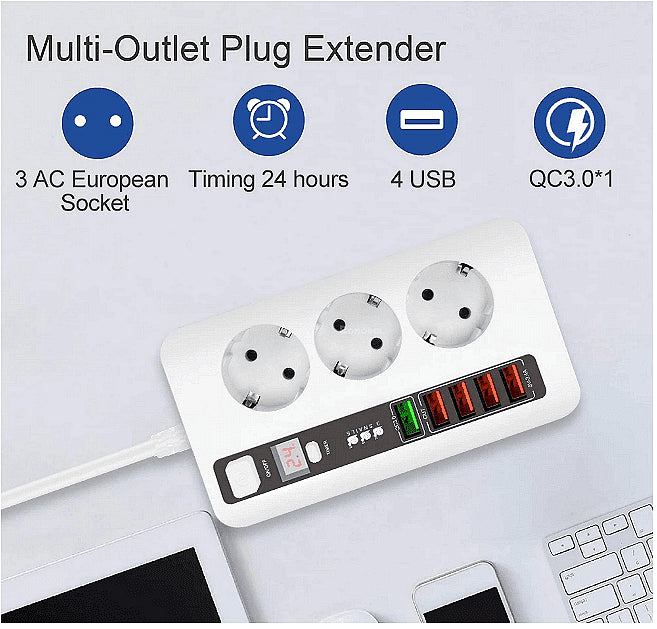 Разклонител модел BKL 04EU, 3 гнезда и 5 USB порта, FastCharge, с ключ, 2500W, 10A Aventra Store