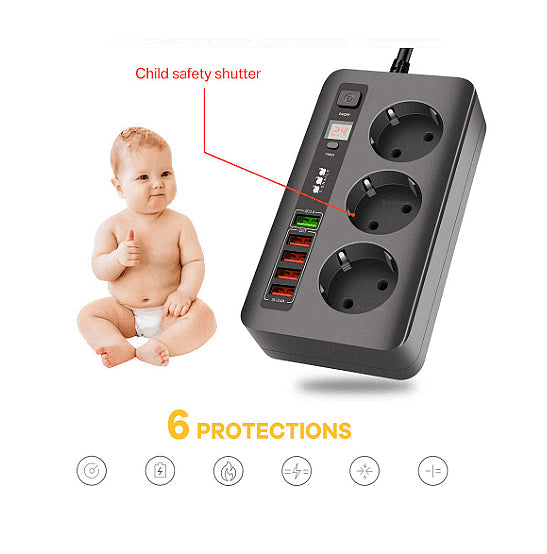 Разклонител модел BKL 04EU, 3 гнезда и 5 USB порта, FastCharge, с ключ, 2500W, 10A Aventra Store