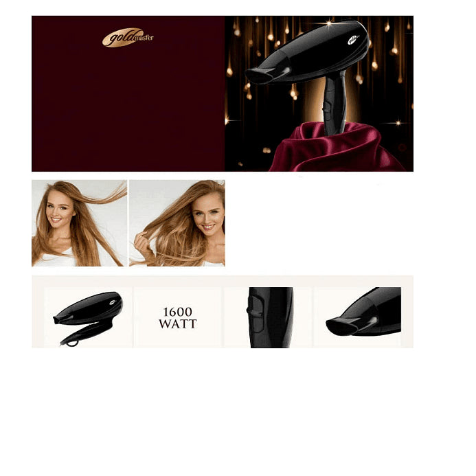 Сгъваем сешоар, GoldMaster, 1600W, Компактен дизайн, 2 температурни настройки, Черен