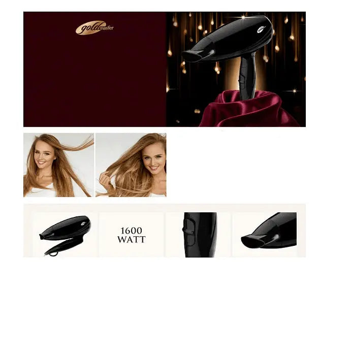 Folding hair dryer, GoldMaster, 1600W, Compact design, 2 temperature settings, Black Aventra Store