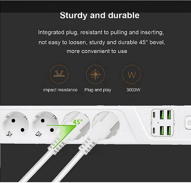 Универсален разклонител с 3 гнезда, Power Socket BKL-19, 4.2A, 4 USB порта и 2 Type-C порта, Smart technology, 3000W
