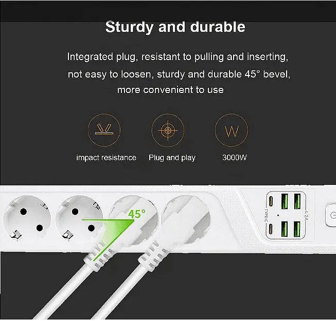 Universal power strip with 3 sockets, Power Socket BKL-19 , 4.2A, 4 USB ports and 2 Type-C ports, Smart technology, 3000W Aventra Store