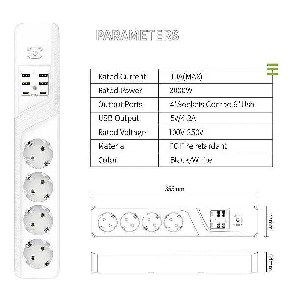 Universal power strip with 3 sockets, Power Socket BKL-19 , 4.2A, 4 USB ports and 2 Type-C ports, Smart technology, 3000W Aventra Store