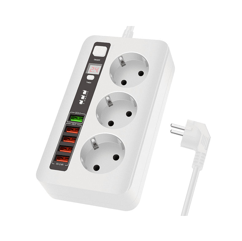 Разклонител модел BKL 04EU, 3 гнезда и 5 USB порта, FastCharge, с ключ, 2500W, 10A Aventra Store
